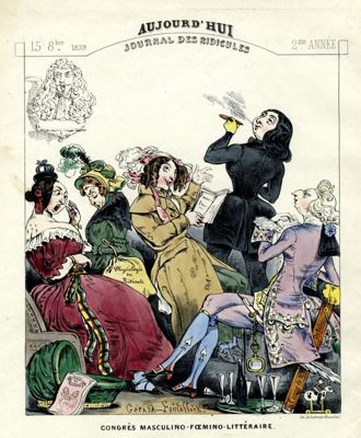 « Congrès masculino-fœmino-littéraire », caricature à charge de Gérard Fontallard, publiée dans "Aujourd’hui. Journal des ridicules", 15 octobre 1839 (AD Indre, 48 J 11B 32)