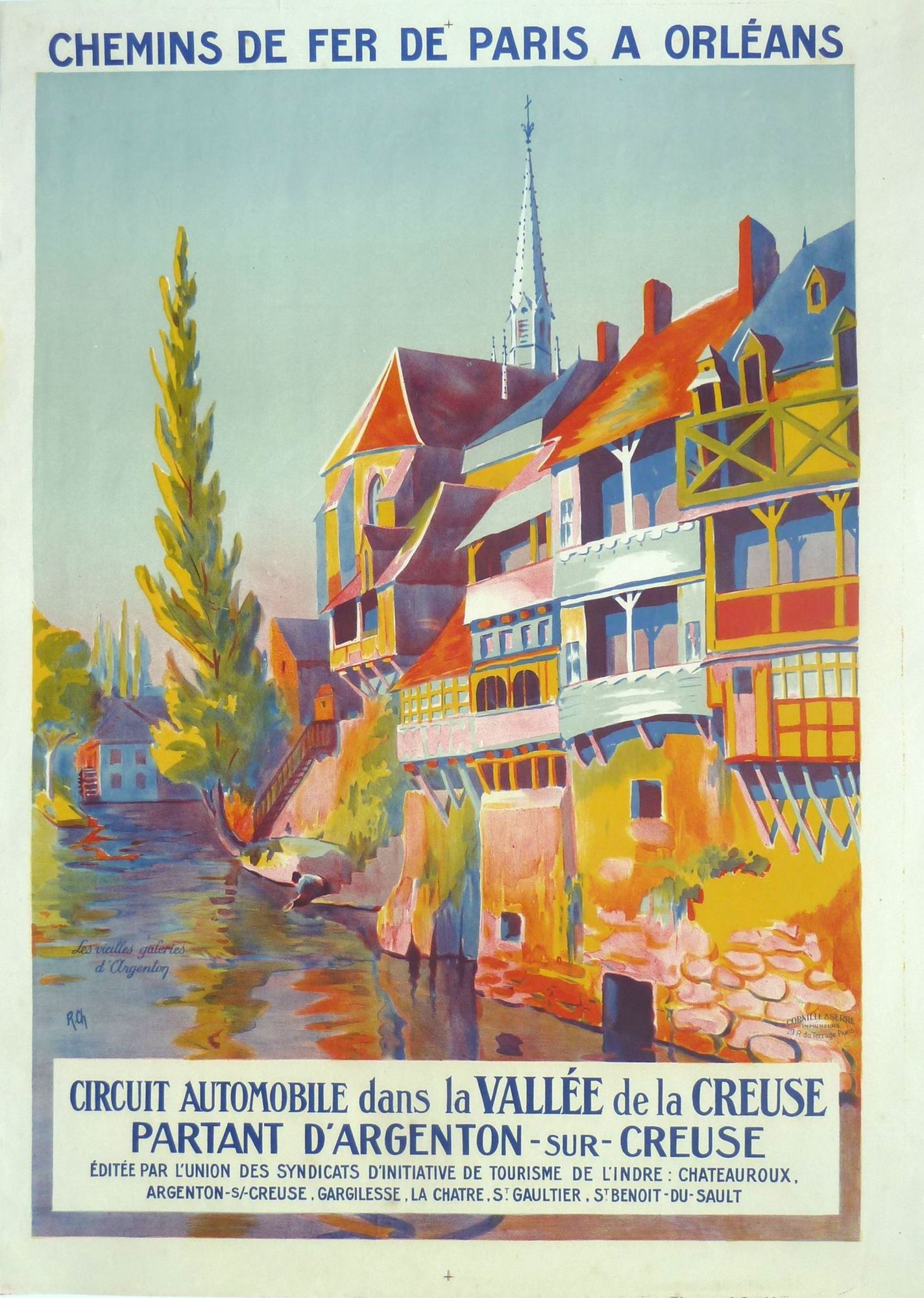 Affiche du chemin de fer ligne Paris-Orléans-Limoges, la vallée de la Creuse (1924) 