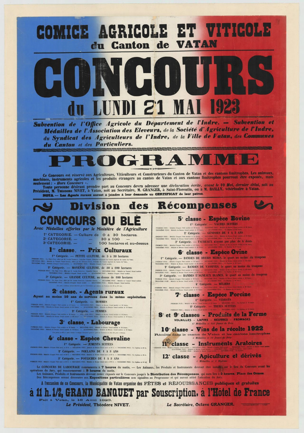 "Comice agricole et viticole du canton de Vatan. Concours du lundi 21 mai 1923. Programme", signé : Théodore Nivet, président, et Octave Granger, secrétaire.
