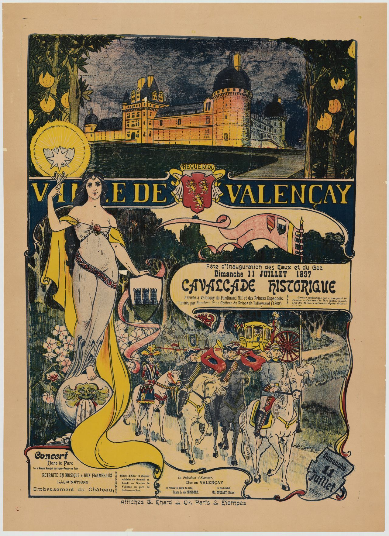 Affiche de la fête donnée à Valençay à l’occasion de l’inauguration du réseau des eaux et du gaz (11 juillet 1897).
