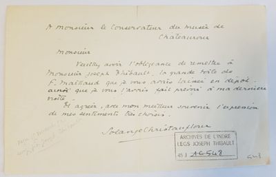 Autographe de Solange Christauflour au sujet d'une toile de Fernand Maillaud - Archives départementales de l'Indre, 48 J 1 C 548